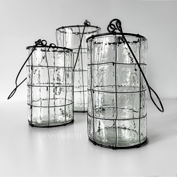 NEW Set of 3 Glass Lanterns with Black Wire Detail - Picture 4 of 12